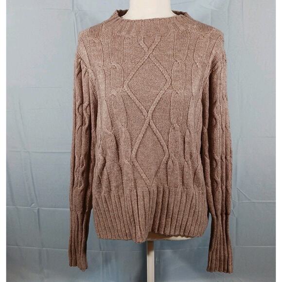 RACHEL ZOE Sweater Women's Large Puff Shoulder Long Sleeve Cable Knit Mocha - Picture 1 of 7